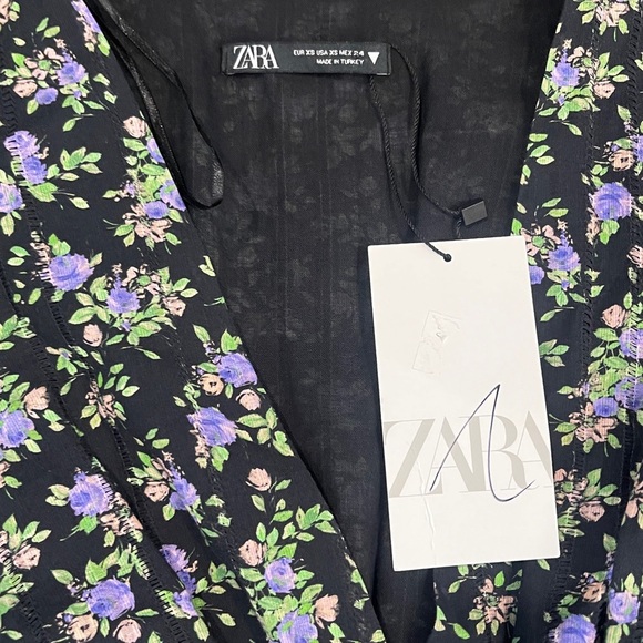 NWT Zara Black Floral Long Sleeve Cotton Dress - Picture 2 of 4
